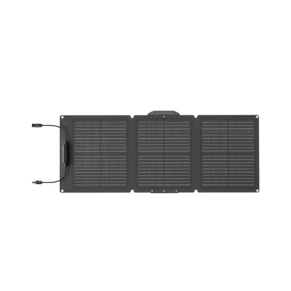 Vue du panneau solaire portable EcoFlow 60W, léger et pliable, offrant une recharge rapide et efficace pour vos appareils. Conception compacte, idéale pour les activités en extérieur, avec un angle réglable et une protection IP68 pour résister aux intempéries