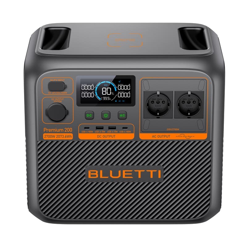 La Bluetti Premium 200 V2 est une station d’énergie portable haute performance (172Ah / 2700W) avec batterie LiFePO4, recharge rapide, et 7 sorties. Idéale pour les pros, les déplacements et les pannes.