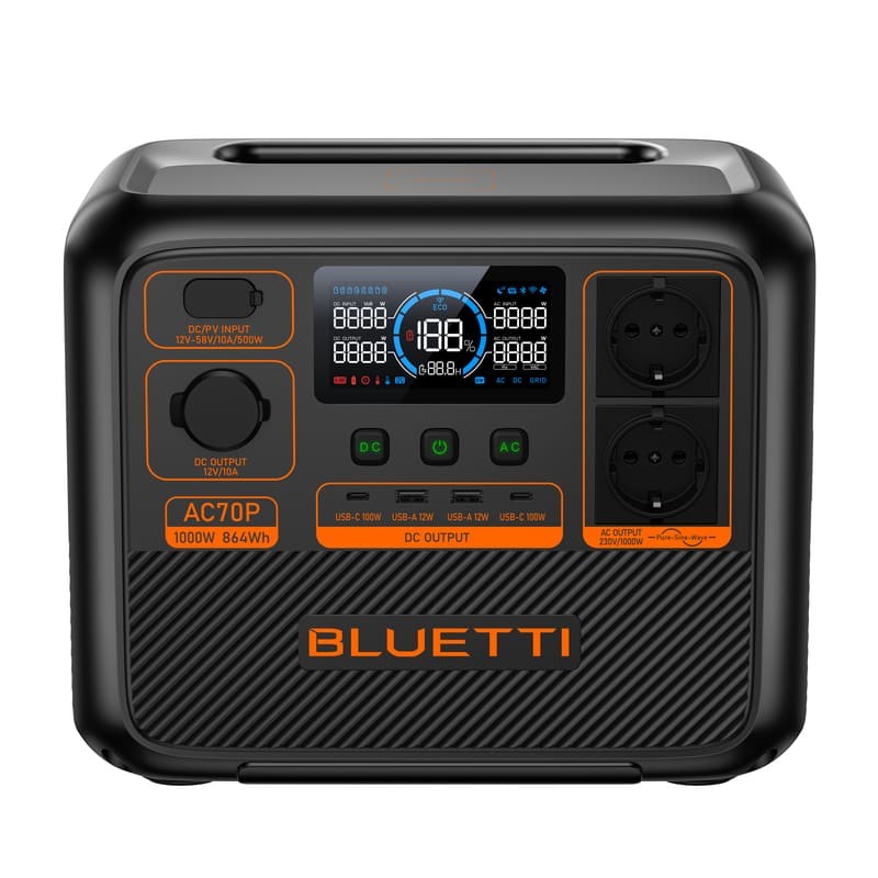 La Bluetti Premium 80 délivre 1000W avec 72Ah, 8 sorties, et recharge rapide. Compacte et robuste, parfaite pour les petits besoins nomades et d’urgence.