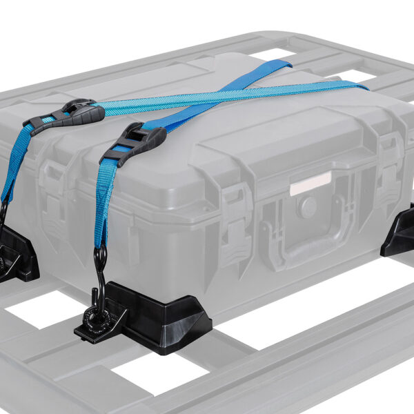 Kit de 4 coins avec anneaux Zwiftlock et sangles de fixation éléments sur galerie.