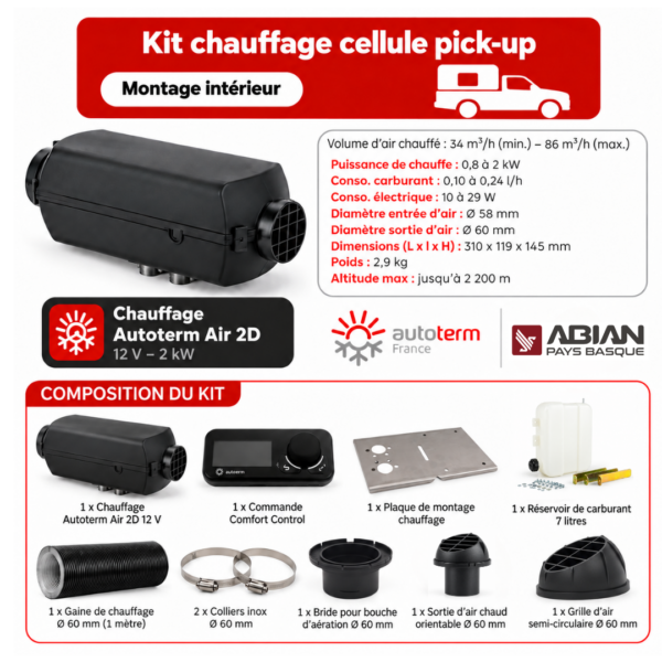 Kit chauffage diesel AUTOTERM Air 2D 12 V pour cellule de pick-up